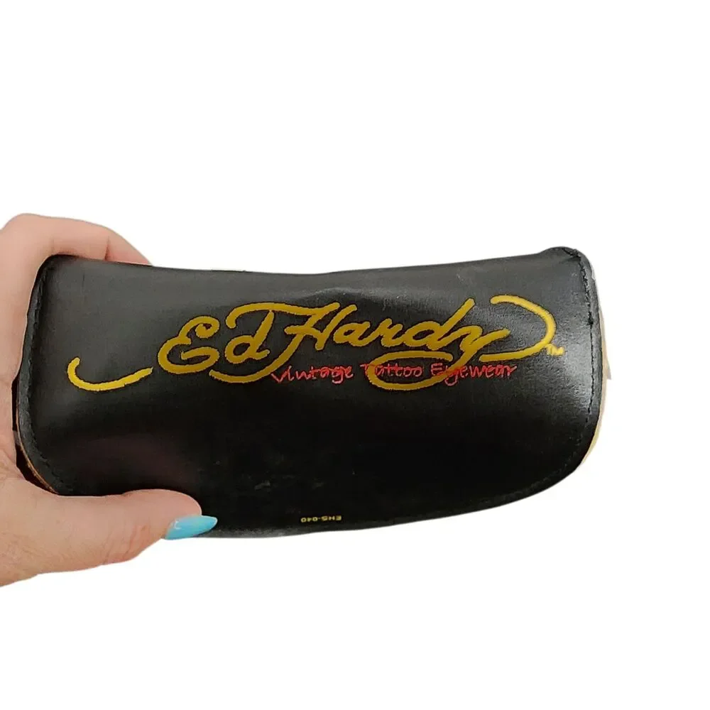 Ed Hardy Surf or Die Skull Sunglasses Case Black Leather Tattoo Y2K Snap